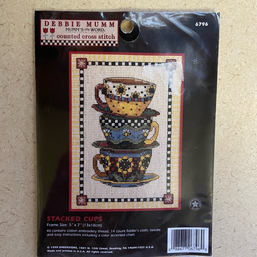 Debbie Mumm Stacked Cups Cross Stitch Kit 6796 Dimensions Vintage 5x7 Tea Coffee
